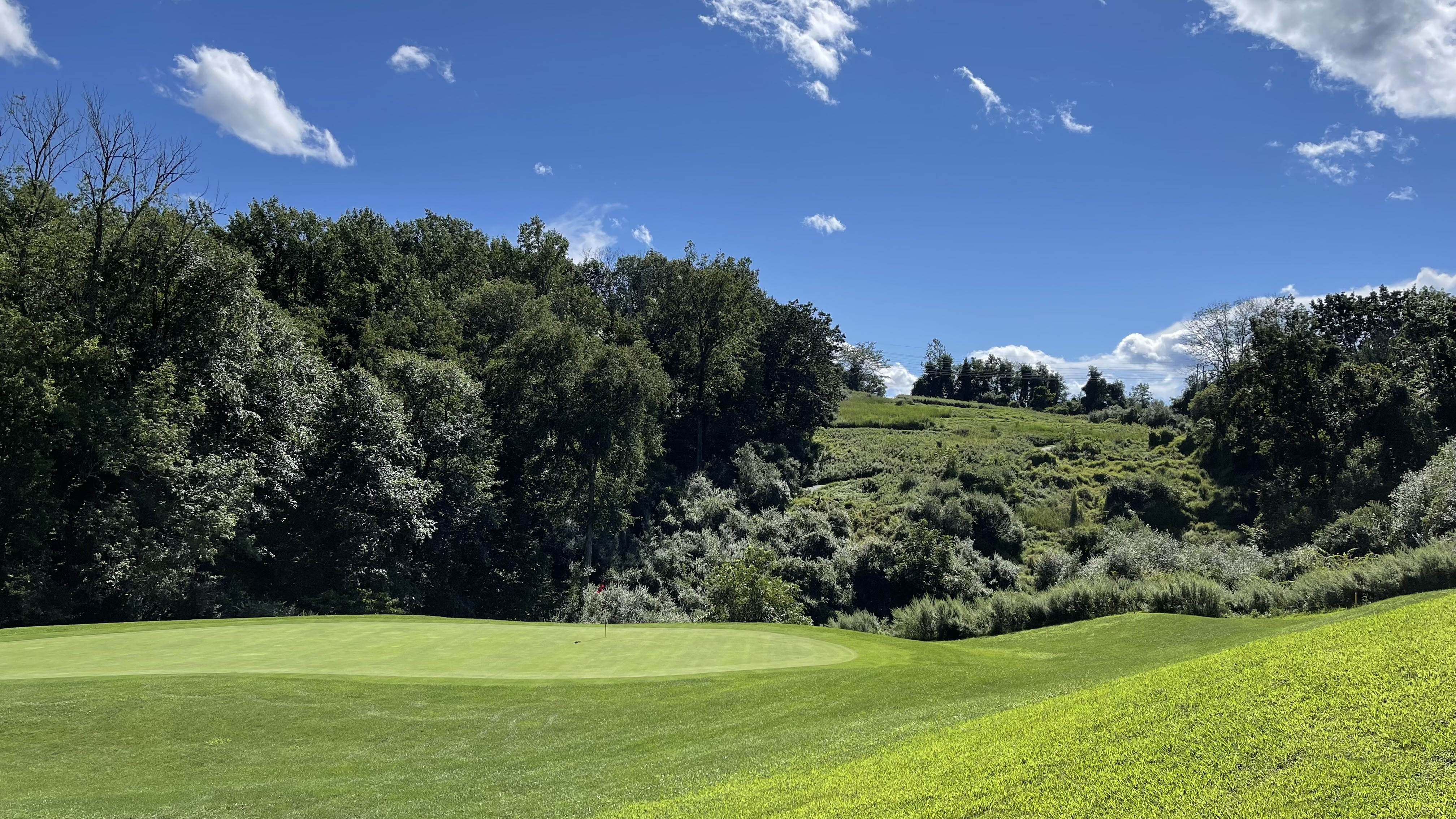 Elevated view at High Bridge Hills Golf Club golf course in High Bridge NJ overlooking natural rolling terrain